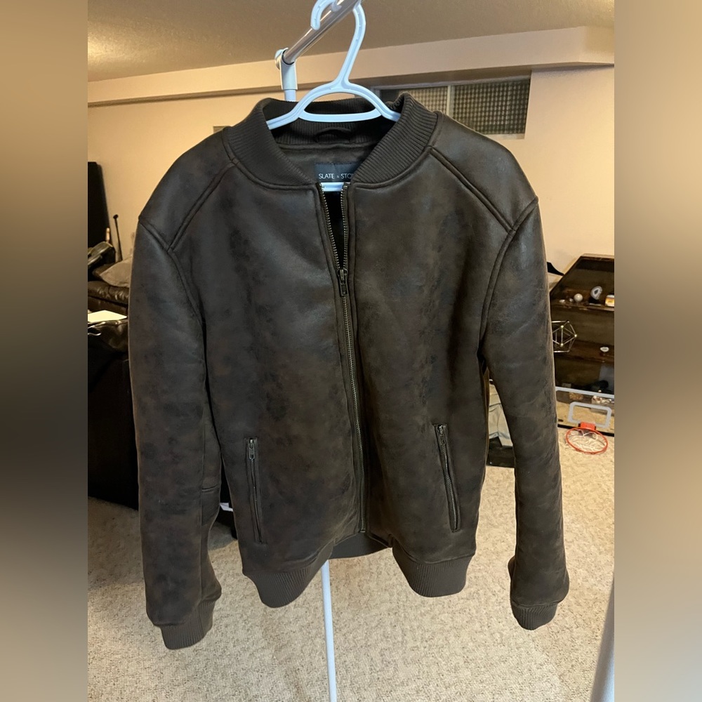 Luxurious Slate and Stone brown faux suede Sherpa-lined bomber jacket, size L